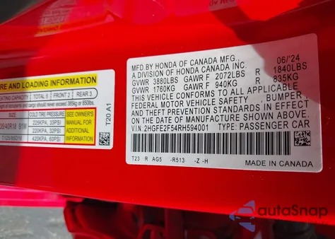 2024 Honda Civic Sport from USA, damaged, VIN 2HGFE2F54RH594001